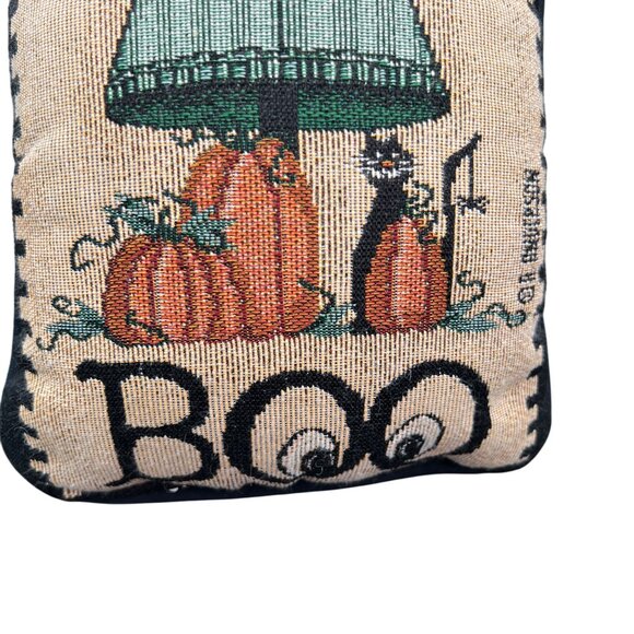 Halloween Scarecrow Decorative Pillow With Pumpkins Cats & Boo Text Design - Picture 3 of 9